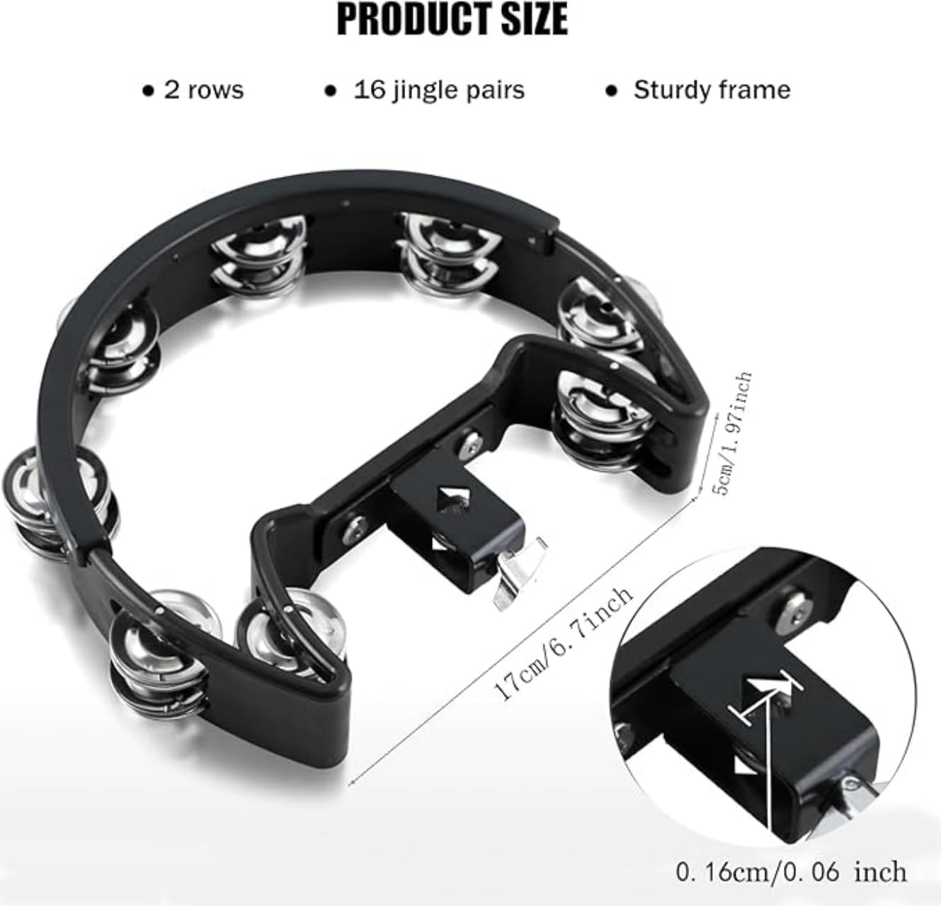 Tambourine and Cowbell Kit, Drum Set Tambourine with Mounting Eye Bolt, Mountable Tambourine and 7 Inch Cowbell for Drum Set(8 Double Rows of Jingles, Black) image number 6