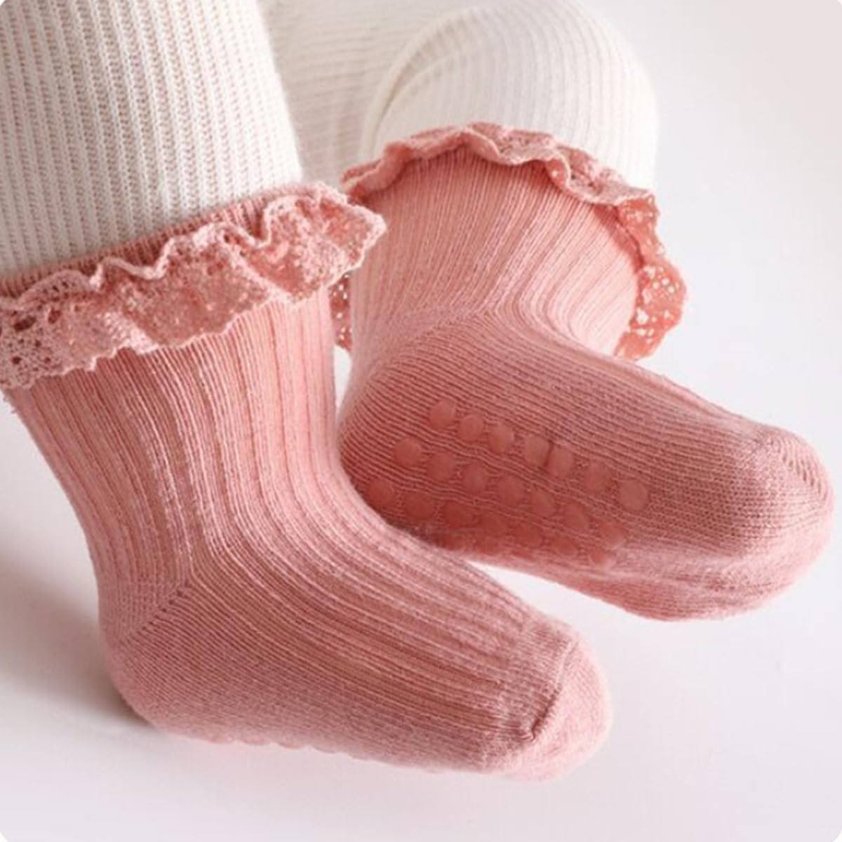 Meeshine Baby Toddler Girls anti Slip Ruffle Socks with Grips Newborn Infant Cotton Non Skid Frilly Dress Socks, 5 Packs image number 5