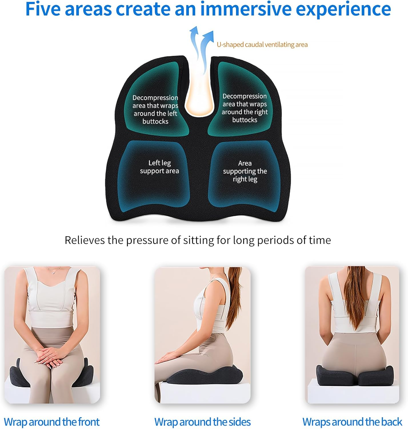 Memory Seat Cushion for Office Chair Pressure Relief Sciatica & Tailbone Pain Relief Memory Foam Firm Coccyx Pad for Long Sitting, for Office Chair, Car Seat，Washable Cover (Black Mesh) - Black image number 2