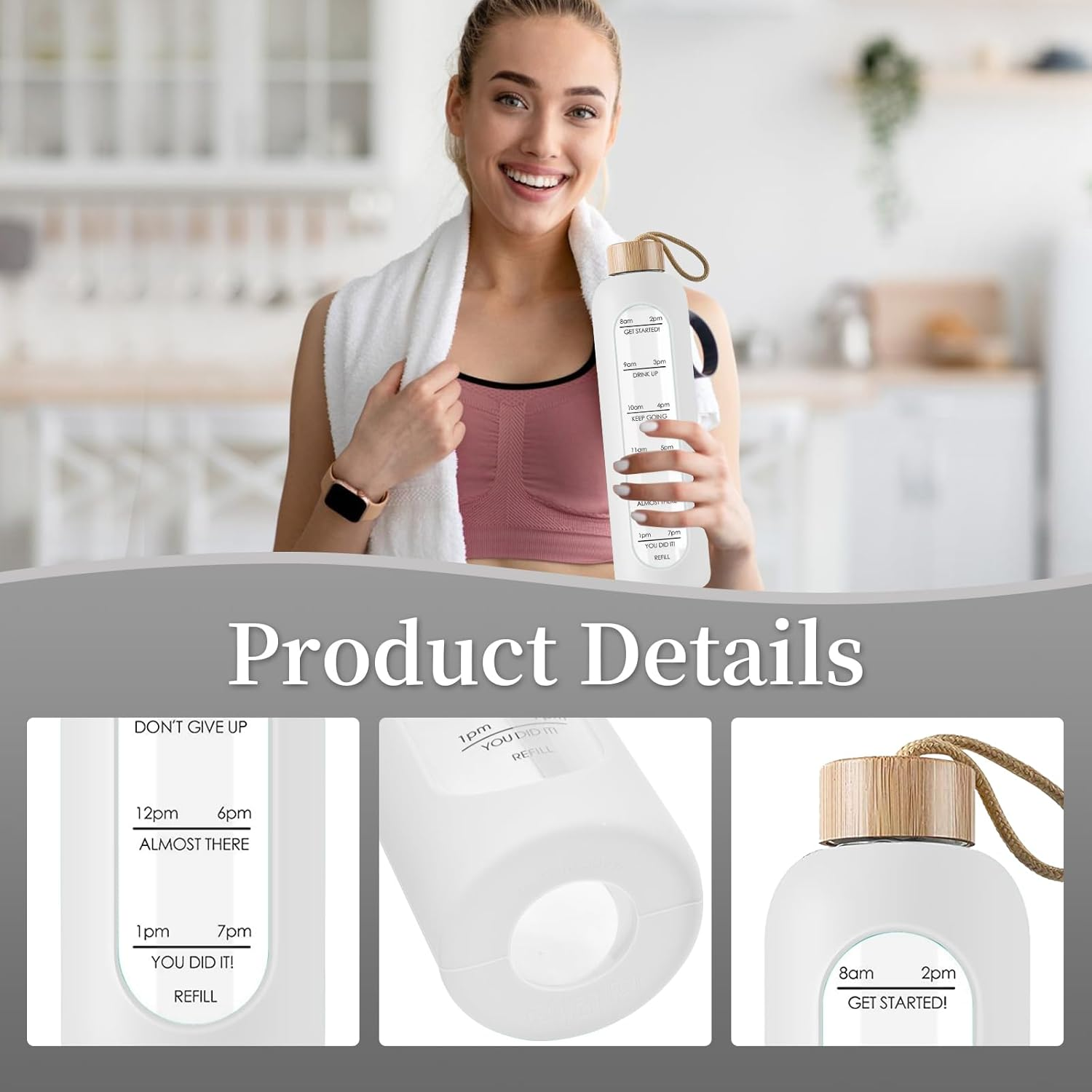 Glass Water Bottle 1 L with Time Markings - 1 Litre Leak-Proof Sports Glass Water Bottle with Bamboo Lid for Sports, Leisure, 1000 Ml Reusable Shatterproof Silicone Cover Water Bottle (White) - Blue image number 6