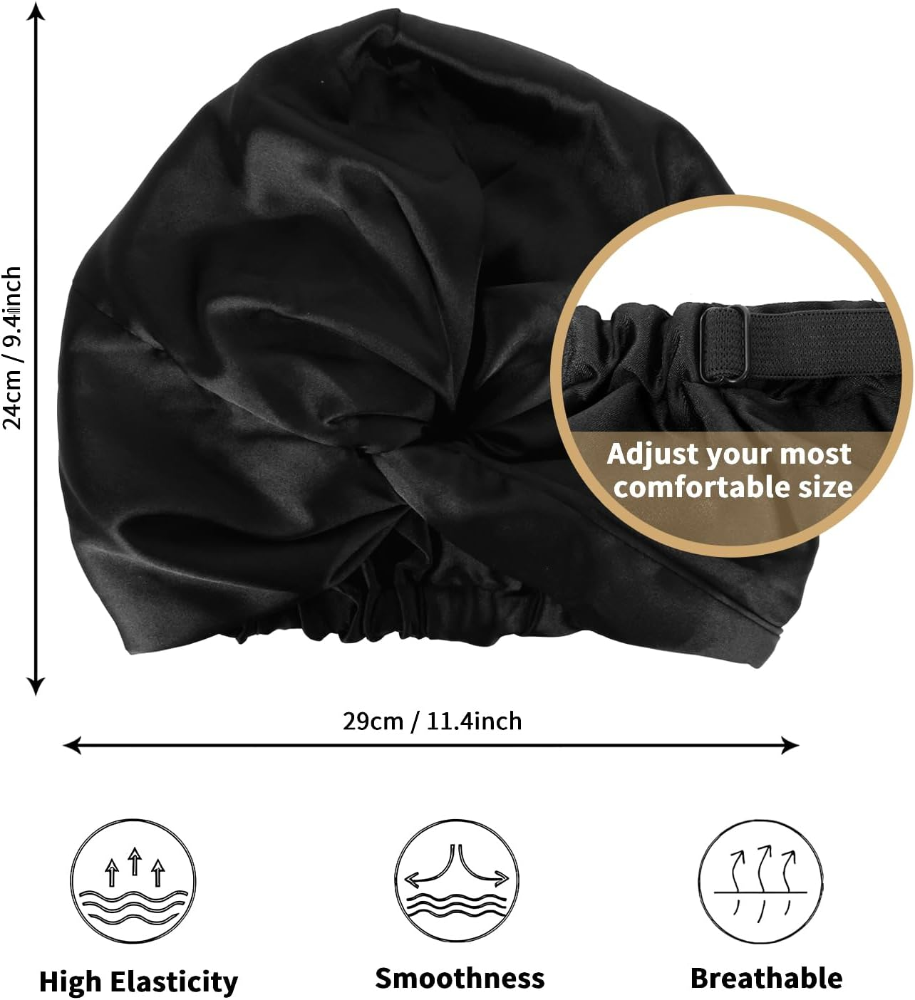 Silk Hood for Sleeping - Sleep Cap Silk for Hair Overnight Healthy, Preserves Curl Shape, Prevents Frizz & Hair Breakage, Silk Bonnet Silk for Women with All Hair Types (Black) Kaempe image number 3