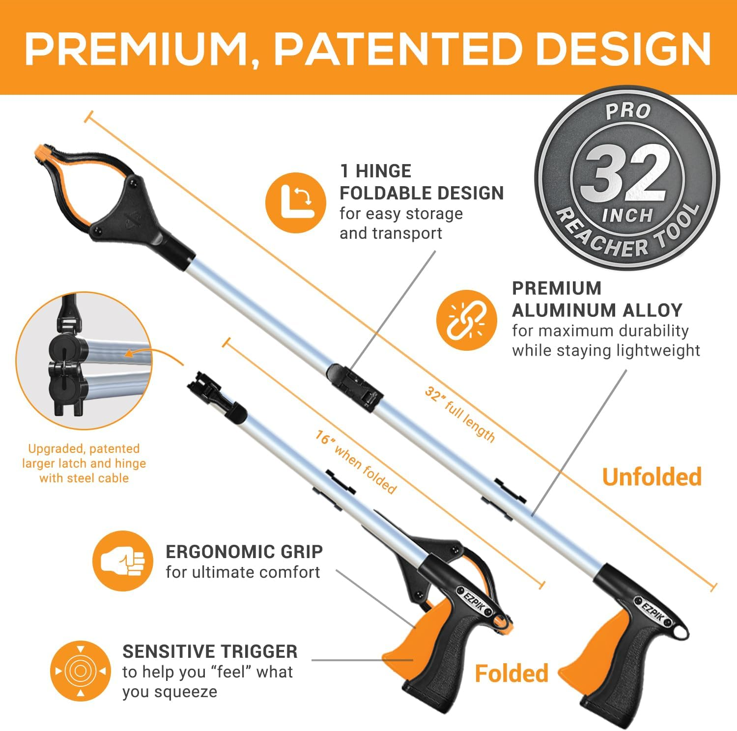 EZPIK Pro 80Cm Foldable Grabber Reacher Tool for Seniors - Grabbers for Elderly Reaching Tool Heavy Duty Pickup Trash Picker Upper Equipment - Claw Grabber Stick for Reaching Aids, Weed Gripper