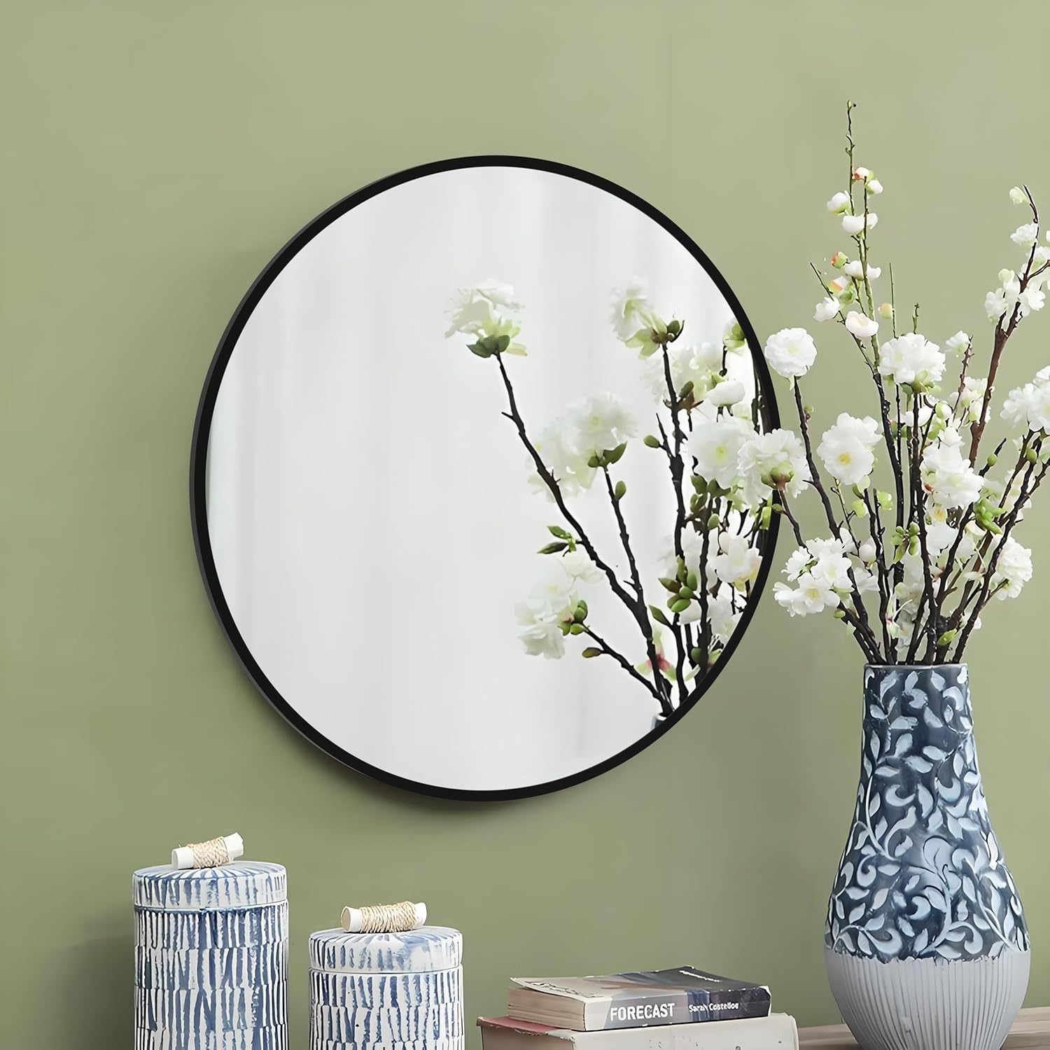 ANYHI round Wall Mirror, 50X50Cm Black round Mirror, Bathroom Mirror for Wall, Hanging Circle Mirror, Decorative round Wall Mirror, Wall Mounted Mirror for Bathroom, Bedroom, Entryways, Living Room