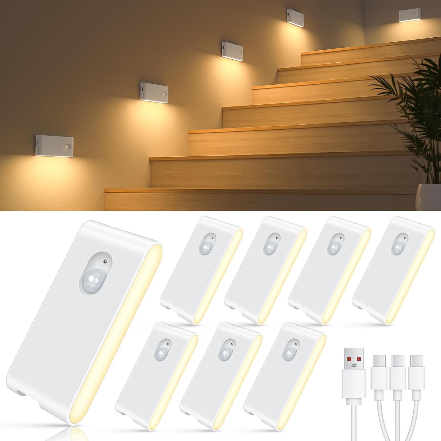 WILLED Motion Sensor Night Light, USB Rechargeable Night Light, Wireless Motion Sensor Light Indoor (Auto/On/Off), Magnetic Stick on Lights for Wardrobe, Hallway, Stairs, Bedroom, Kids' Room(4-Pack)