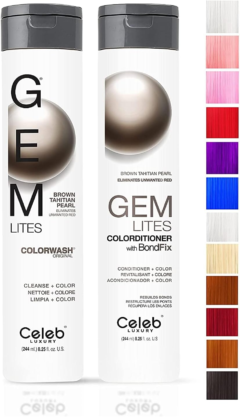 Celeb Luxury Gem Lites Duo Color Depositing Colorwash Shampoo & Conditioner Set + Bondfix Bond Rebuilder, Semi Permanent Hair Color, Vegan Hair Dye, Brown Tahitian Pearl