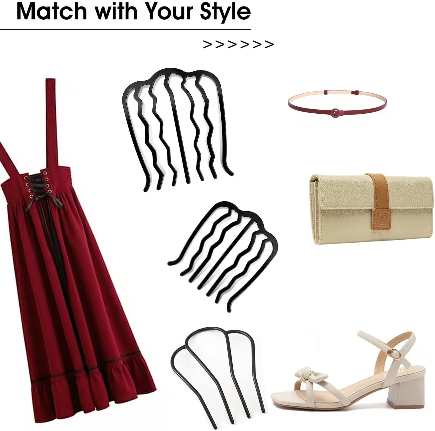 3 Piece Hair Fork Clip Vintage Hair Side Combs U Shape Teeth Alloy Paint Hair Pin Hair Clip Stick Women Hair Styling Tool Accessories, Black image number 4