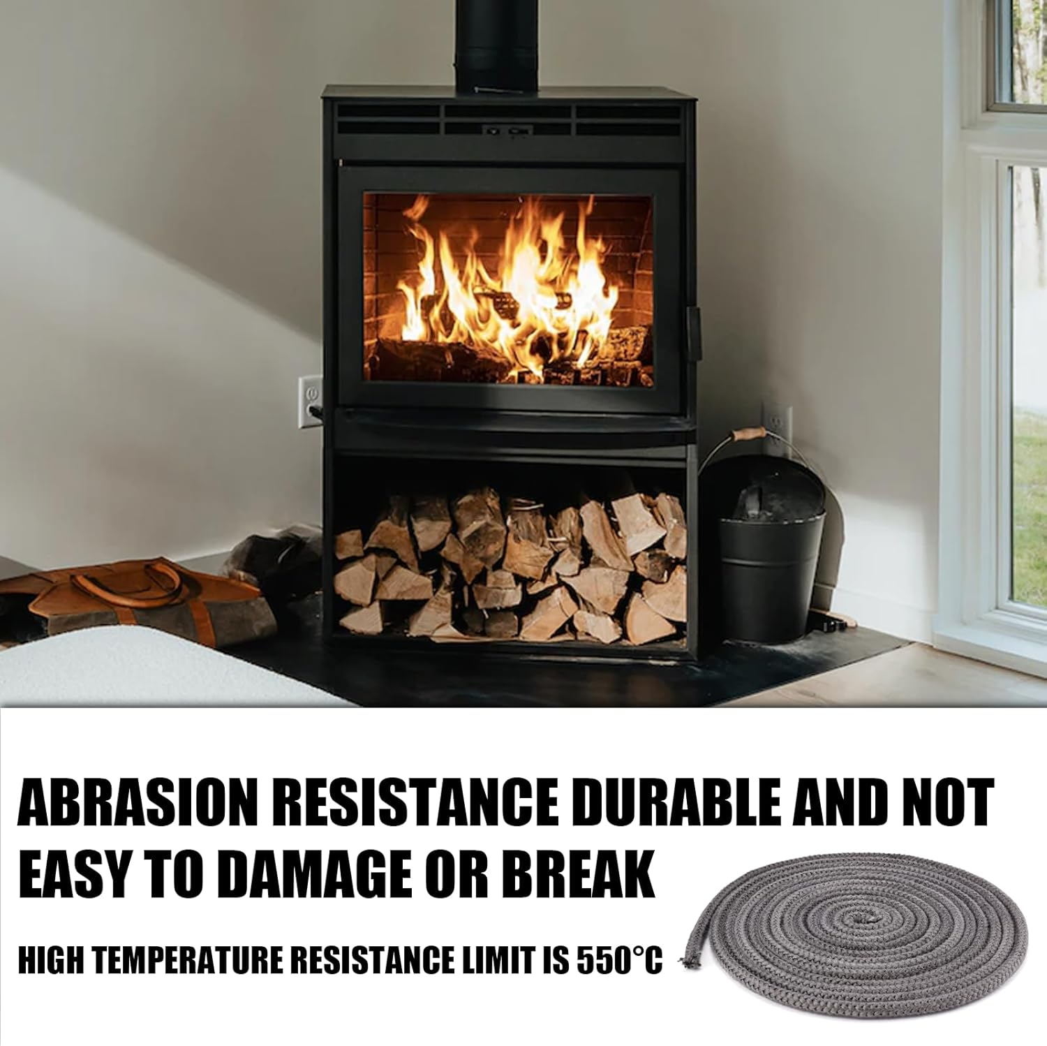 Fireplace Seal Rope, 0.24Inx9.84Ft Graphite Impregnated Fiberglass Rope Seal Gasket Replacement Wood Stove Door Gasket for Fireplaces Stoves Wood Burning image number 4