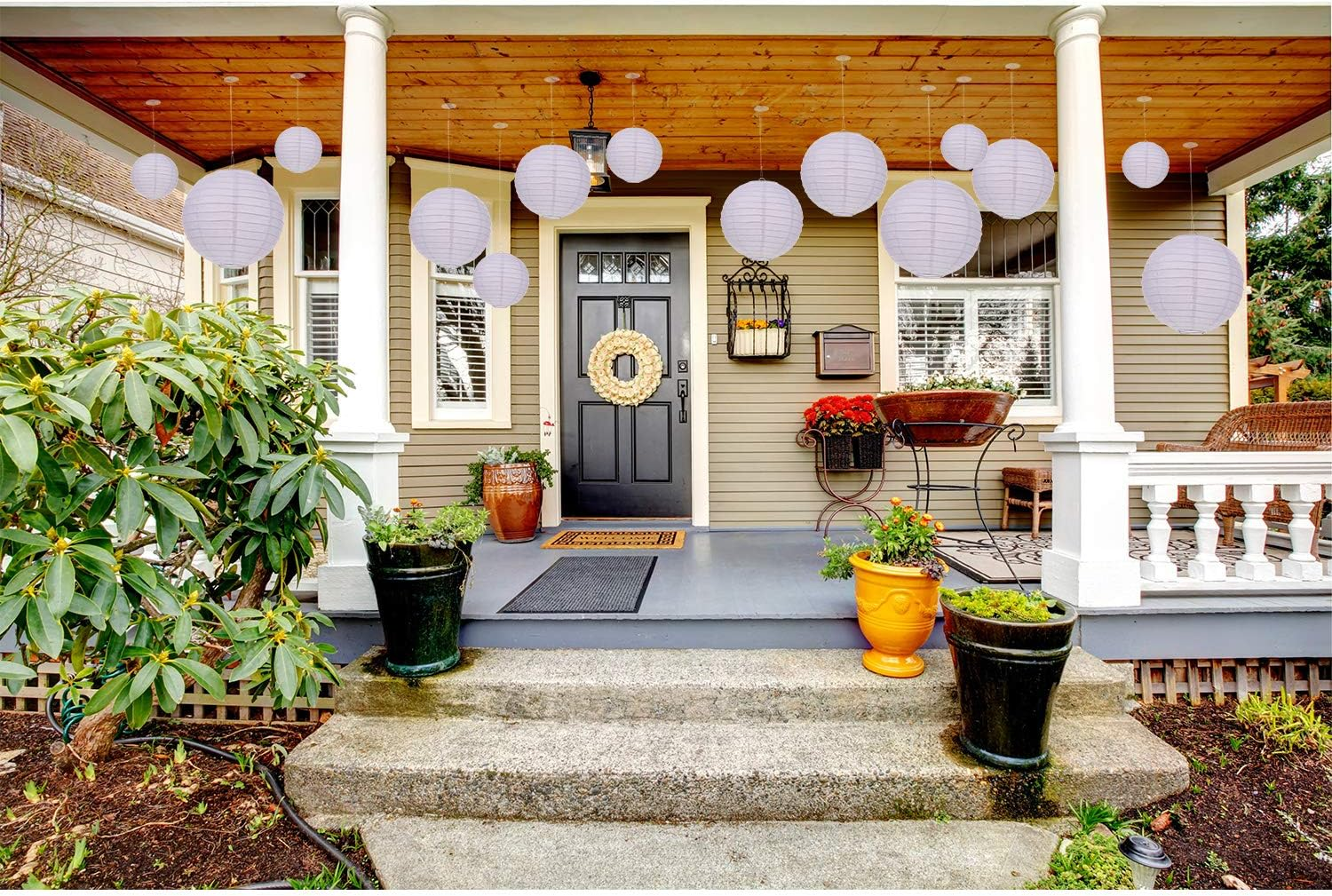 79 Pieces round Chinese Paper Lantern Set, Decorative Assorted Sizes Lanterns with 20 Meter Clear Nylon Thread Crimping Loop Sleeve and Adhesive Ceiling Hook for Wedding, Party, Event