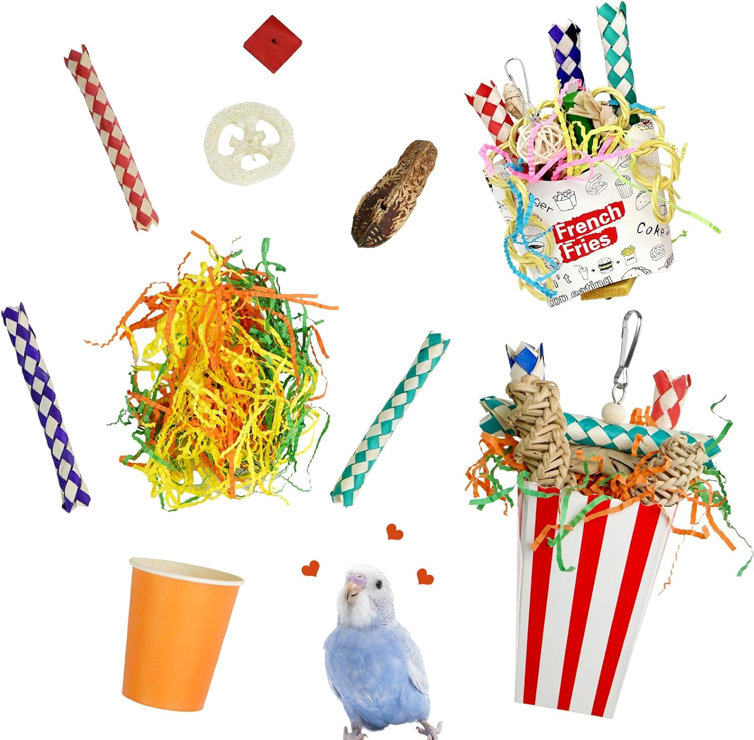 3PCS Bird Shredding and Chewing Toys, Parrot Cage Foraging Hanging Toy, Cage Accessories for Parakeets Finches Lovebirds Cockatiels