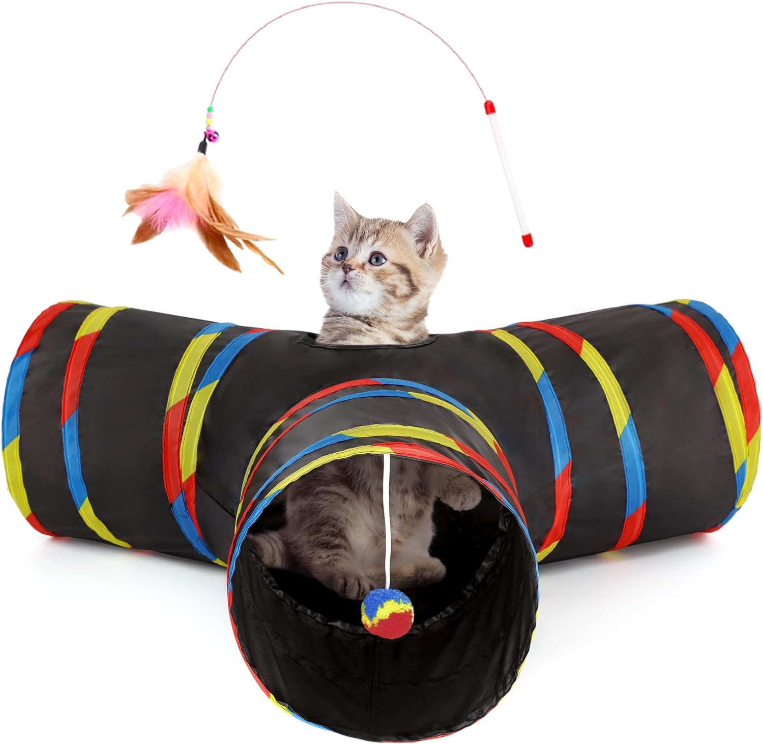 Tempcore Cat Tunnels for Indoor Cats Fleece-Lined in for Warmth, Pet Tube Toys 3 Way Collapsible, Pet Play Tunnel with Peek Hole Toy Ball for Kitty, Kitten, Rabbit, Geometry Blue