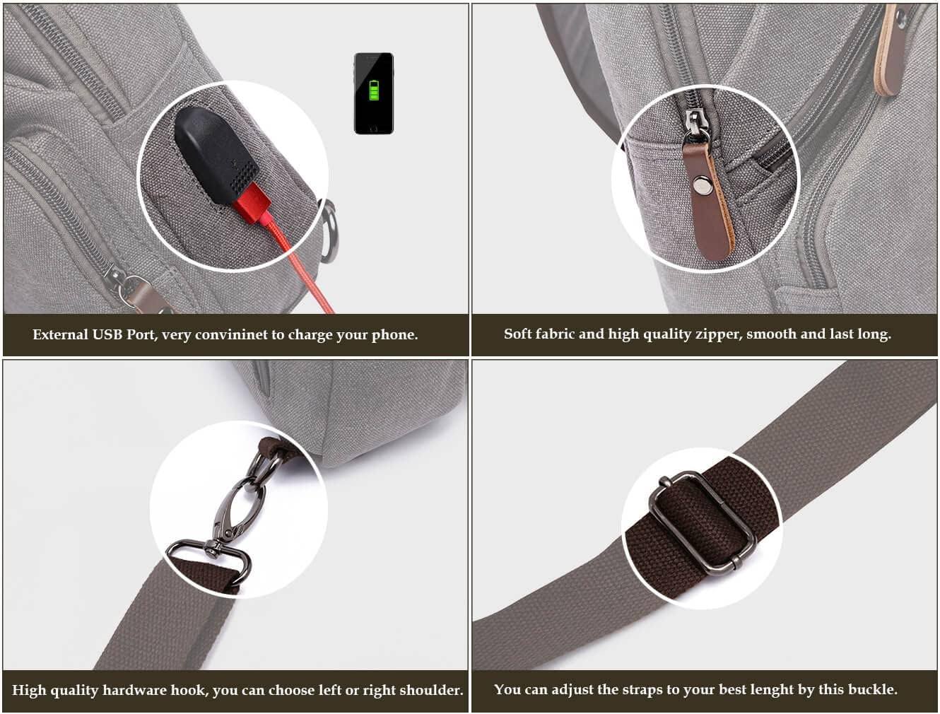 Canvas Sling Bag Crossbody Backpack Shoulder Casual Rucksack for Men Women Outdoor Cycling Hiking Travel Fishing Shopping Trekking - Grey image number 6