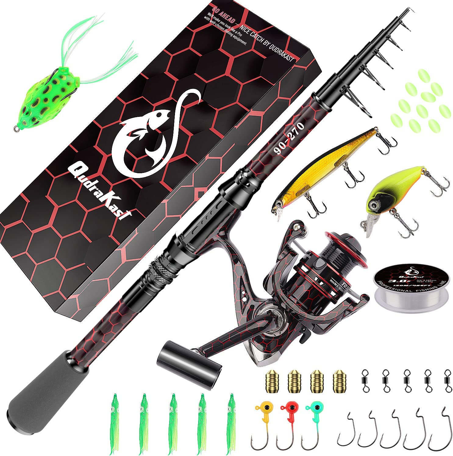QUDRAKAST Fishing Rod and Reel Combos, Unique Design with X-Warping Painting, Carbon Fiber Telescopic Fishing Rod with Reel Combo Fishing Rod Kit with Tackle Box, Best Gift image number 4