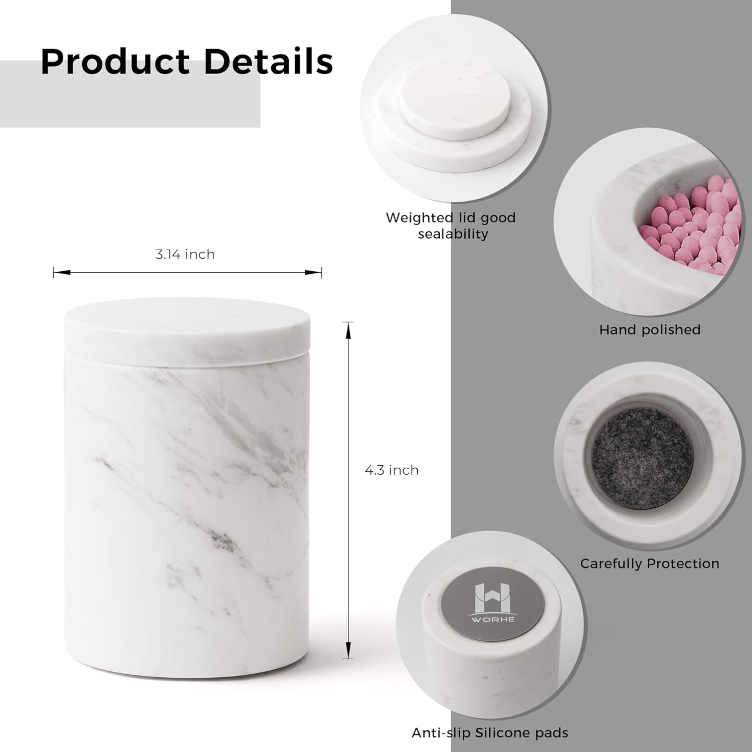 WORHE Marble Canister with Lid Natural Qtip Holder for Cotton Swabs, Balls, Pads, Floss Picks, Bath Salts - Vanity Makeup Storage Organizer Bathroom Essentials Accessories Decor White (DL011) image number 3