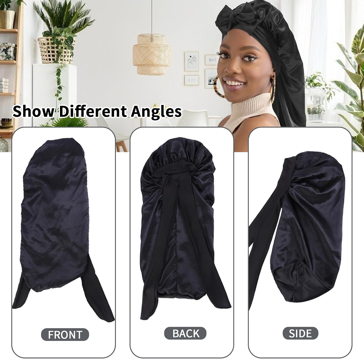 2PCS Satin Silk Hair Bonnet with Tie Band, Large for Braids Sleeping, Adjustable Sleep Cap for Women, Elastic for Long Hair - Purple image number 3