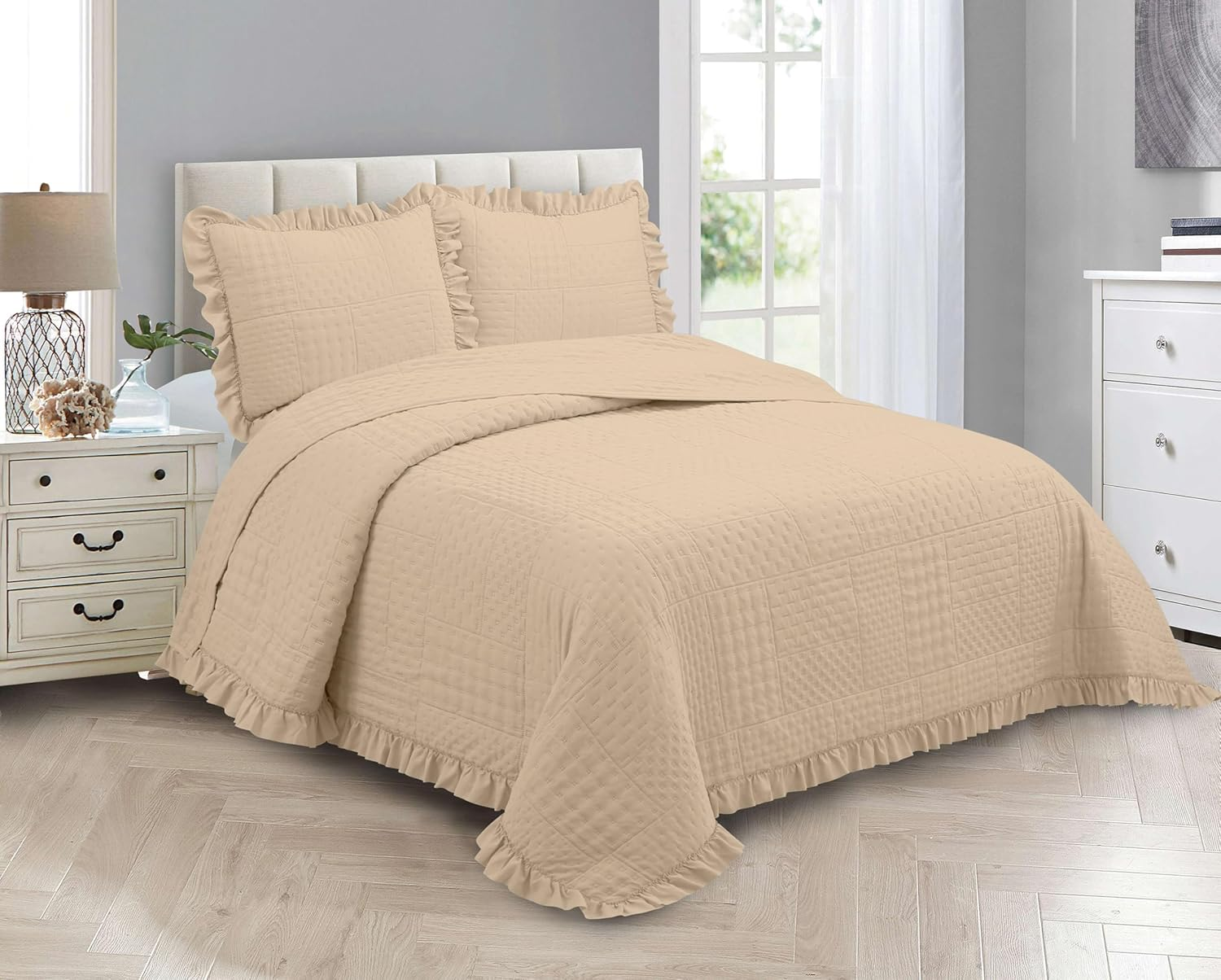 MK Collection Embossed Modern Ultasonic Quilted Oversized Coverlet Bedspread Set Solid Color New #Ruby (Pink, Full/Queen)