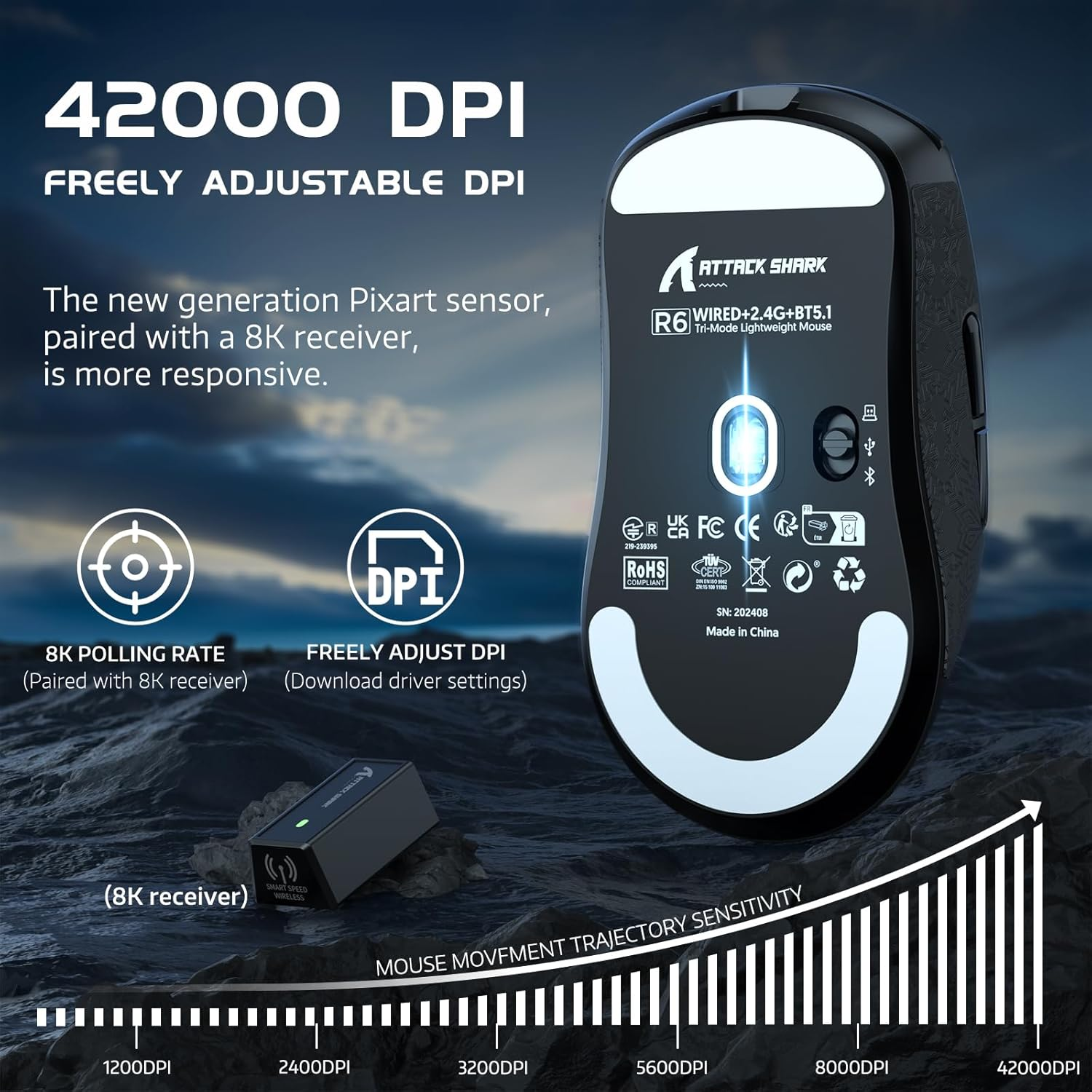 Attack Shark R6 Lightweight Wireless Gaming Mouse,Paw 3950Max Sensor Computer Mouse with Nordic 52480,8Khz Polling,42K Dpl, Optaicl Switch,Usb-C Charging,7 Programmable Buttons(Black & Sticker) - Black Mouse  Sticker image number 2