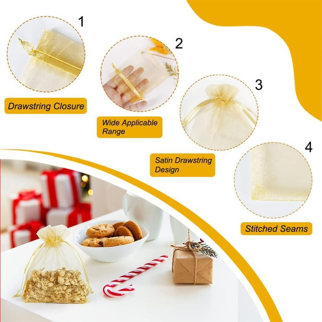 Idopick 100PCS 4X6 Inches Sheer Organza Bags, White Wedding Favor Bags with Drawstring, Small Jewelry Gift Bags for Party, Jewelry, Festival, Makeup Organza Favor Bags,Net Gift Bags,Drawstring Goody Bags (Gold)