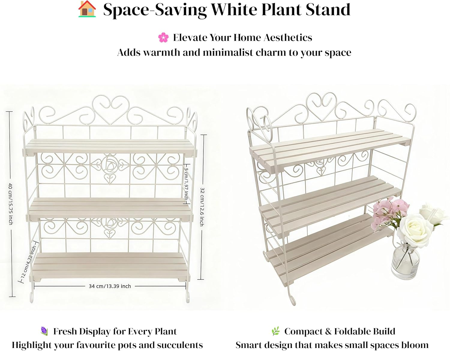 Celsaovo Decorative Plant Shelves & Countertop Storage Rack &ndash; White Metal & Wood, Space-Saving Freestanding Rack, Easy Tool-Free Setup for Kitchen, Plants & Spices - White image number 6