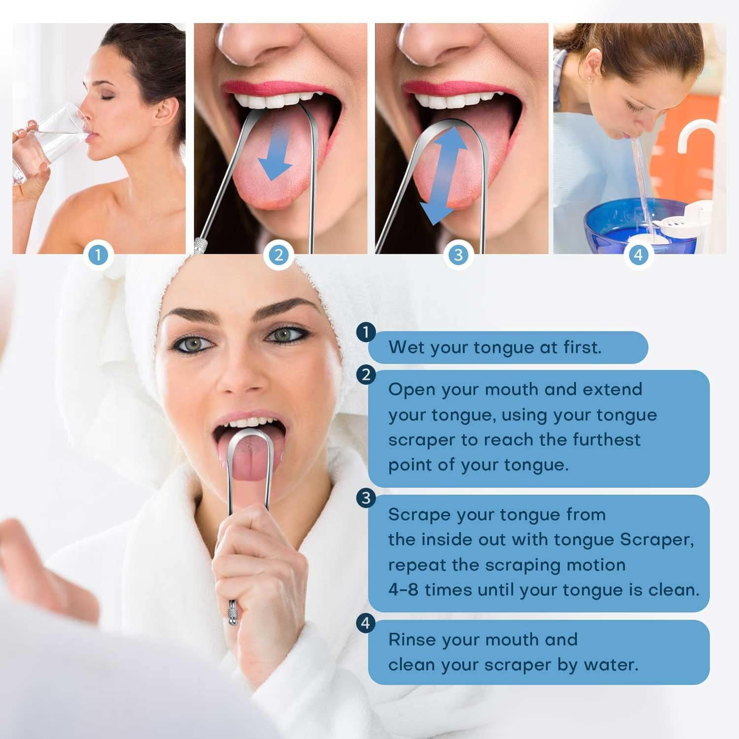 2 Pack Tounge Scrapers, Cure Bad Breath Stainless Steel Tongue Cleaner Metal Scrubber with Travel Case for Adults, with Non-Synthetic Grip Surgical Grade Dental Kit for Eliminating Halitosis Treatment image number 5