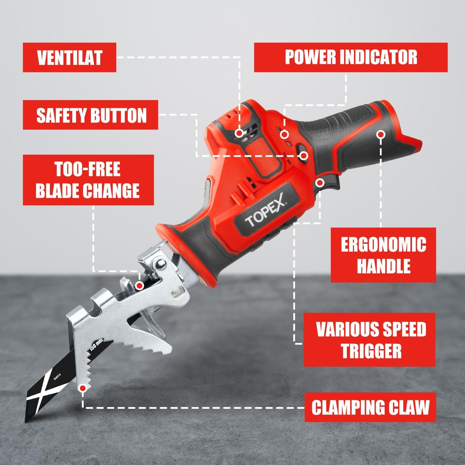 TOPEX 12V Cordless Reciprocating Saw W/ 2 Saw Blades & Clamping Claw Cutting Depth 65 Mm Skin Only without Battery image number 3