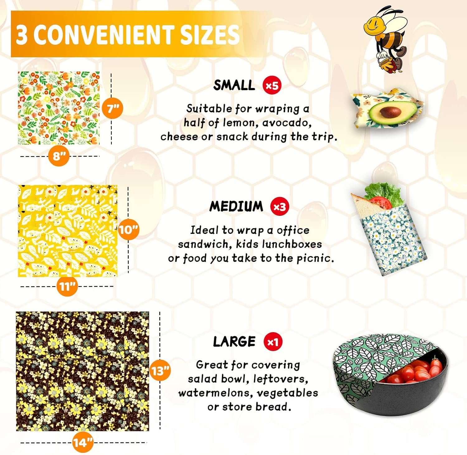 9 Pack Beeswax Wraps for Food, Eco-Friendly Beeswax Food Wraps, Bread Sandwich Wrapper - Organic, Sustainable, Zero Waste, Reusable Plastic-Free Food Storage Wrap, 1XL, 3M, 5S image number 6