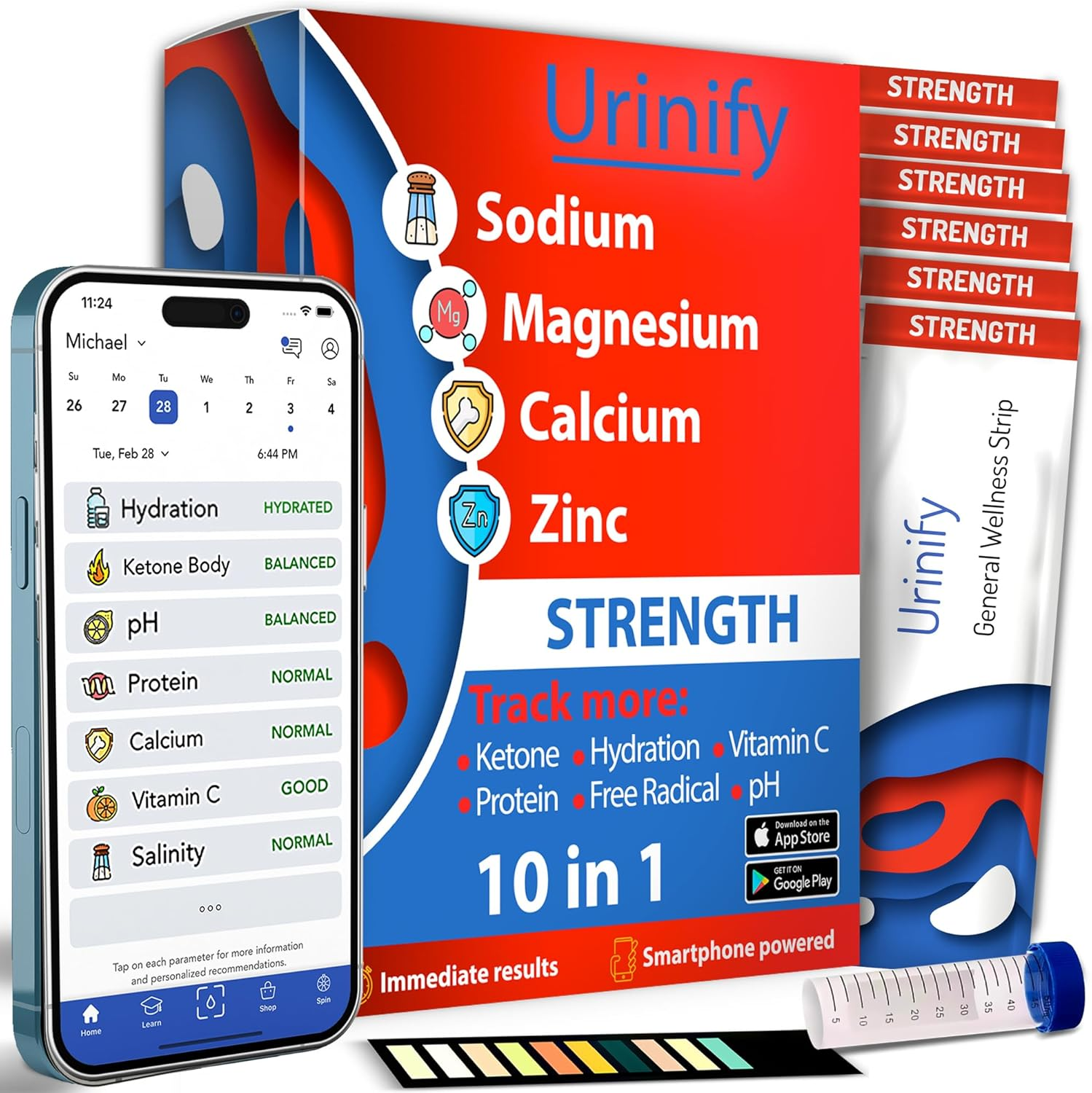 [URINIFY Strength] Urine Test Strips and Mobile App for Keto Strips Urine Test, Hydration Test, Metabolism Test, Electrolytes, Ph, Vitamin C, Urinalysis Test Strips, 6 Strips image number 3