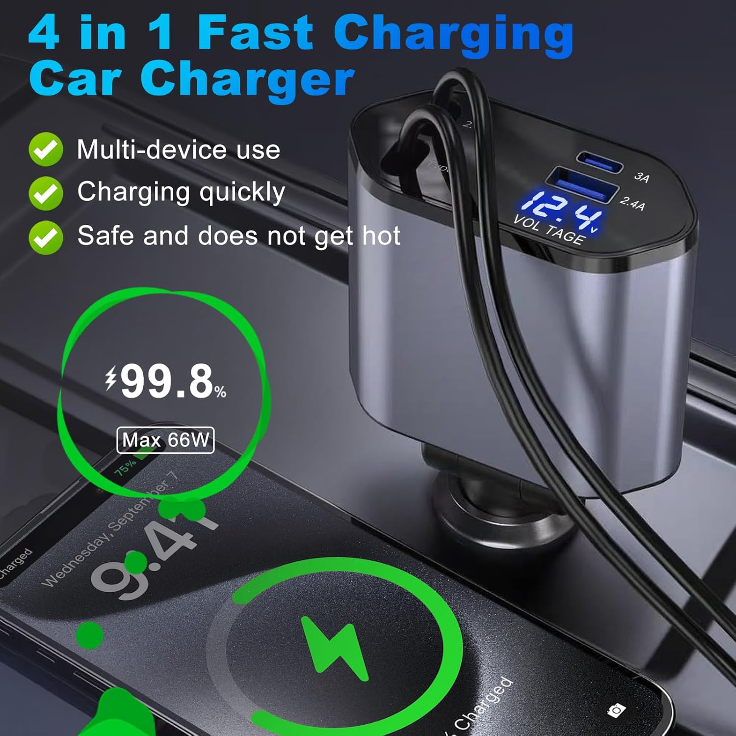 Retractable Car Charger, 4 in 1 Fast Charging Car Charger 120W, Retractable Cable and 2 USB Ports Car Charger Adapter for Iphone 16 15 14 13 Pro Max, Galaxy S23 image number 1