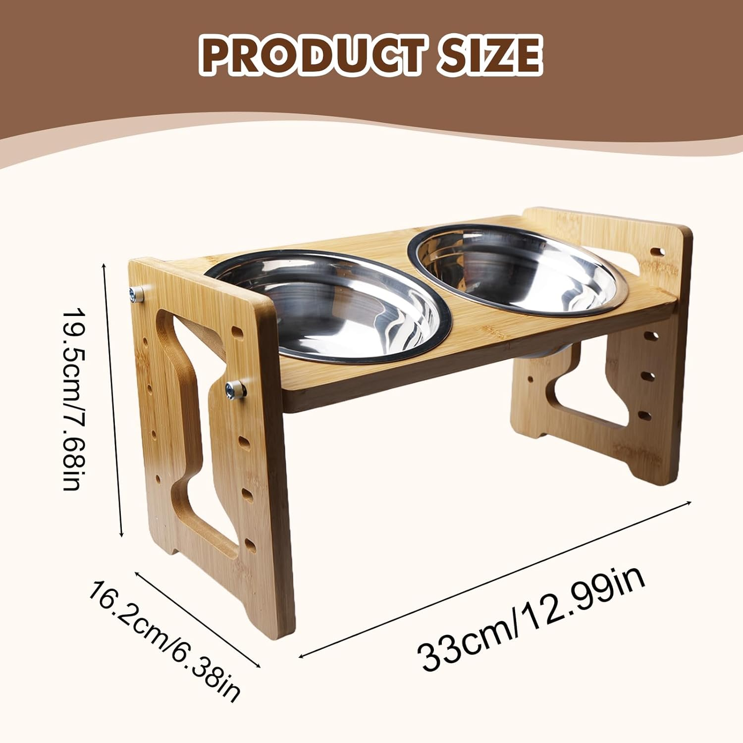 Aicharynic Raised Dog Bowl with Stand, Height Adjustable Feeding Bowl, Bamboo Feeding Station for Small Dogs and Cats, with 2 Stainless Steel Bowls image number 1
