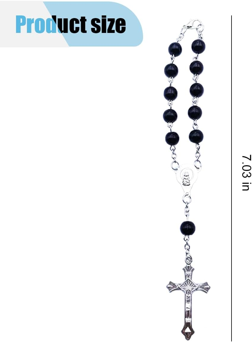 LAINLOY Car Rearview Mirror Decoration, Rosary Car Pendant, Cross Medal Hanging Ornament, Personalized Blessing Bead Decoration, Black image number 5