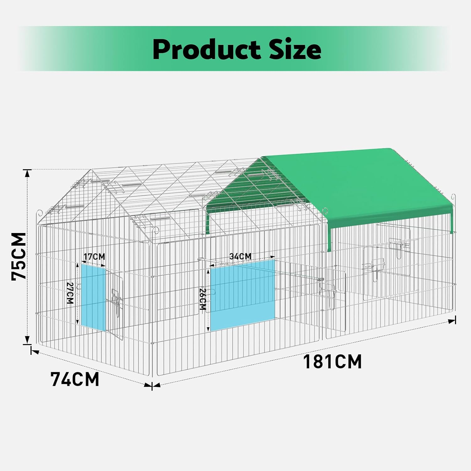 Advwin Metal Chicken Coop, 181X74X75Cm Chicken Run Pen for Yard with Cover, Outdoor Portable Chicken Cage Enclosure Crate, Backyard Farm outside for Small Animals Duck Rabbit Hen image number 6