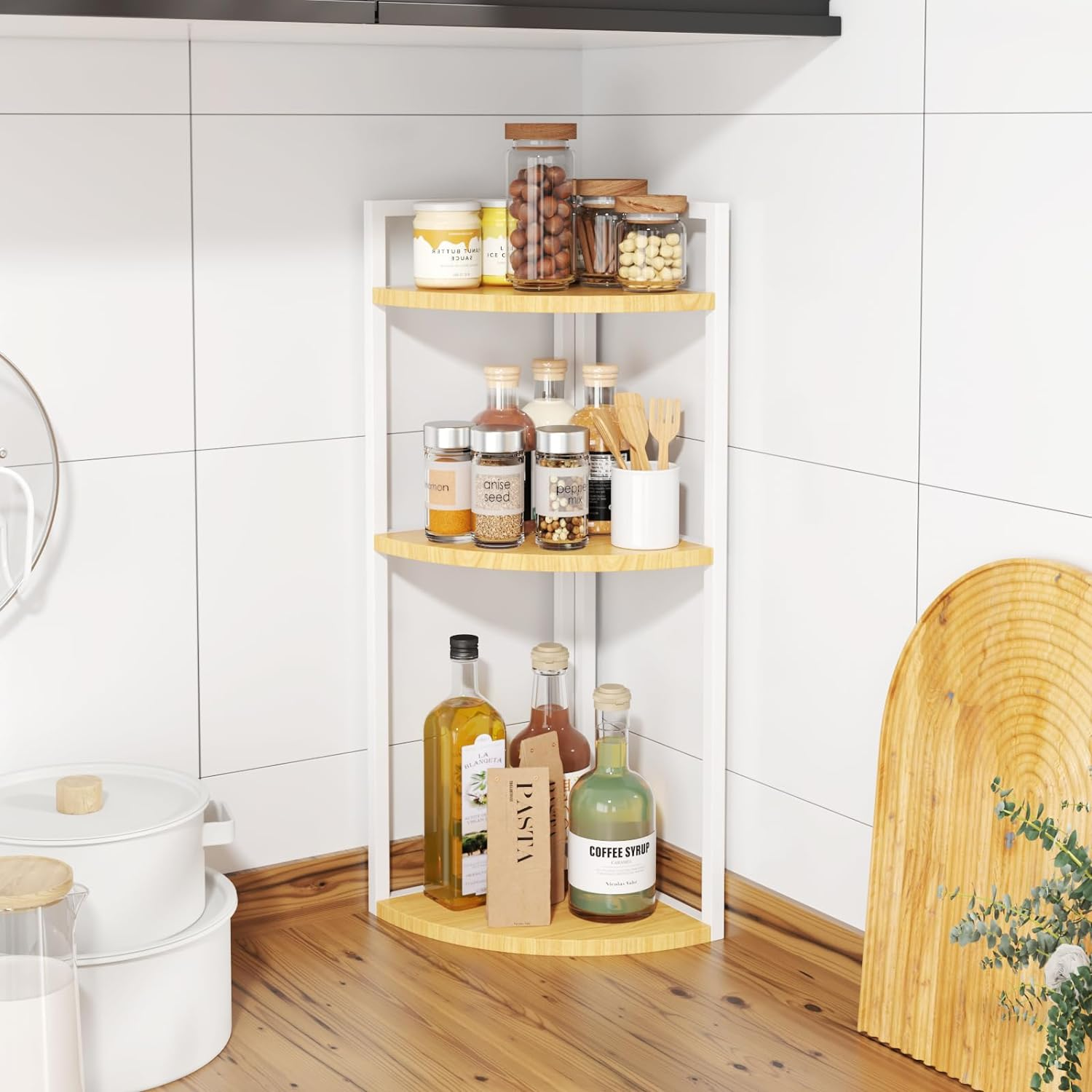 Joiena 3-Tier Desktop Bookshelf, Corner Shelf, Multipurpose Corner Display Rack Industrial Storage Corner Shelving for Bedroom, Living Room, Kitchen, Small Space (White) image number 3