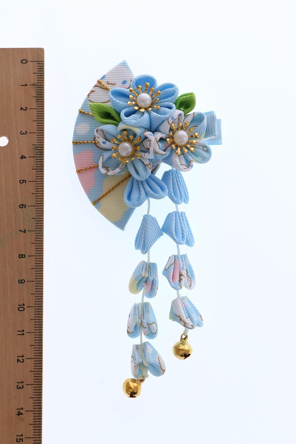 C-120-4 Blue Handmade Fan Shape Sakura Cherry Blossom Fabric Flowers Tassels Hair Clip Hair Clip Hair Clip Japan Geisha Kimono Accessory