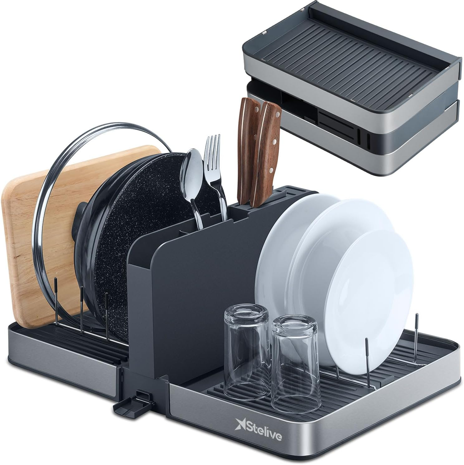 Stelive Foldable Dish Drainer Rack with Removable Cutlery Holder Stainless-Steel Dish Drying Rack with Dual Parts, Space-Saving Dish Rack, Rustproof Utensil Drainer for Kitchen Counter, Gray/Steel