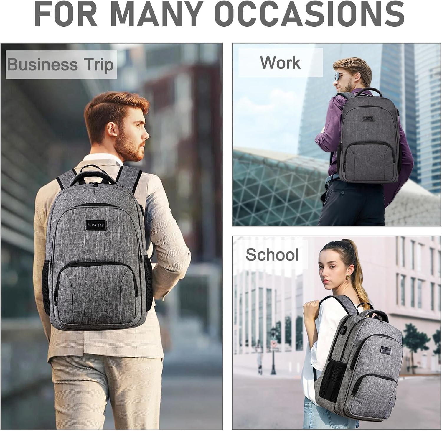 Laptop Backpack, VASCHY Water Resistant Business Travel Backpack for Men Women with USB Port College School Computer Bag Fits 15.6 Inch Laptop Light Gray image number 5