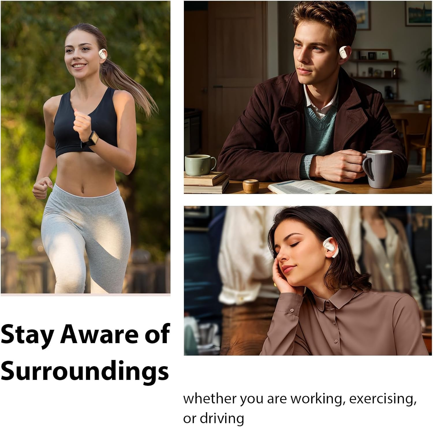 SPOTFISH Open Ear Headphones Bluetooth 5.3, Wireless Earbuds 14.2Mm Enhanced Bass,Immersive Stereo Sound By,Hanging Ear Sports Earphones,4 Mics Clear Calls-Y30 (Beige - Black image number 7