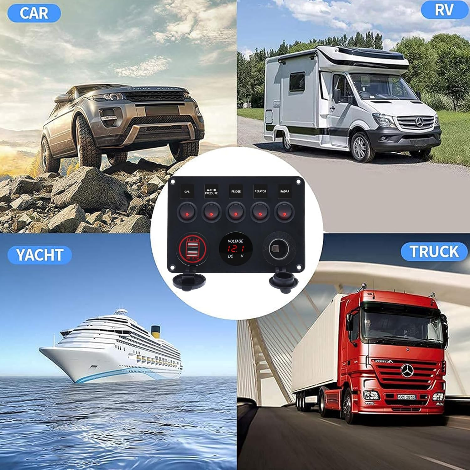 Boat 5 Gang Rocker Switch Panel for Car Rv Truck Marine Toggle Switches Waterproof 12V RED LED Aluminum Socket Panel with 4.2A Dual USB Charger + Cigarette Lighter + Voltmeter (5Gang RED) image number 2
