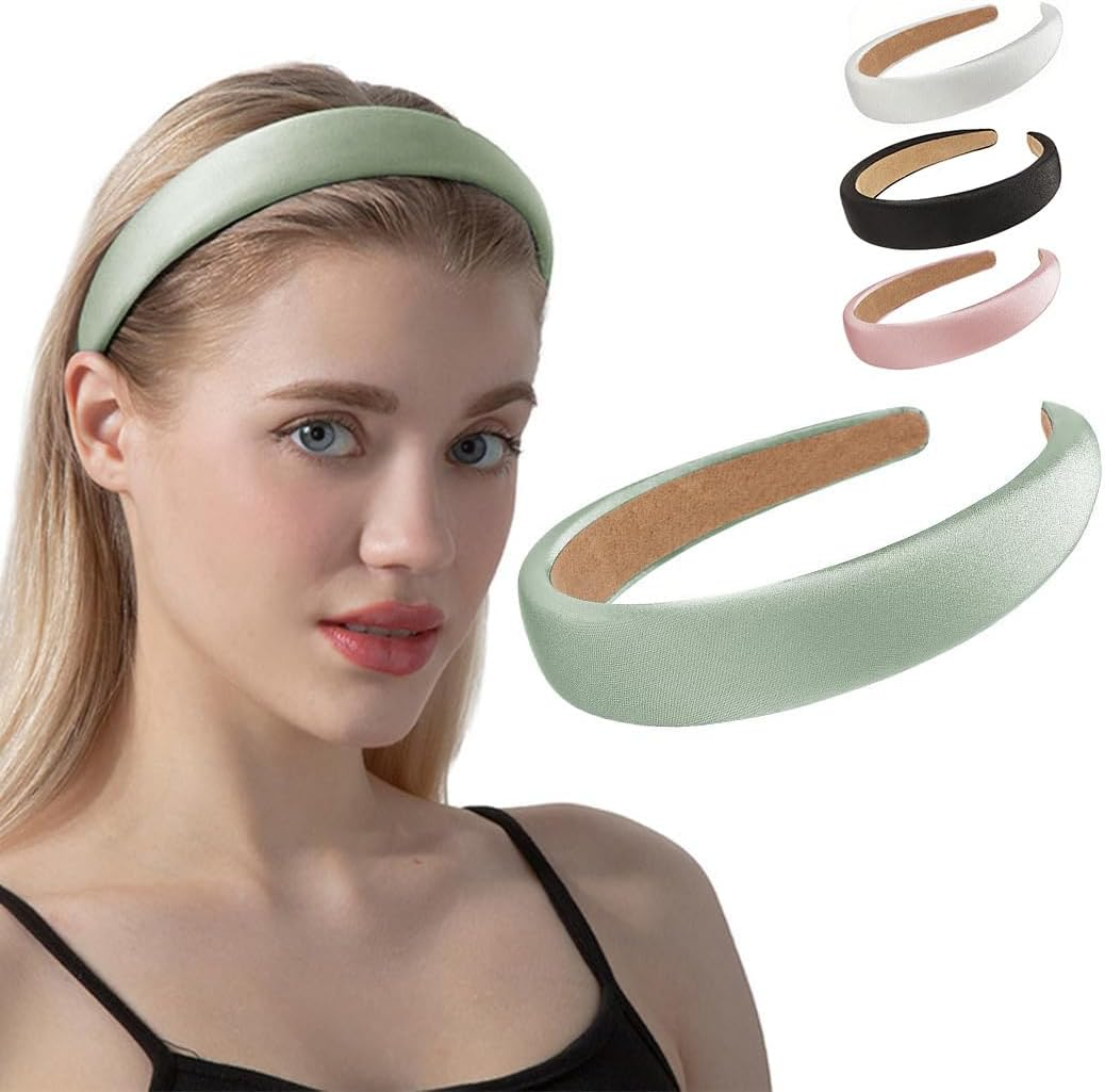 1.2 Inch Wide Solid Colors Padded Headband with No Teeth Hair Bands Non Slip Fashion DIY Satin Sponge Head Band for Women and Girls(Green)