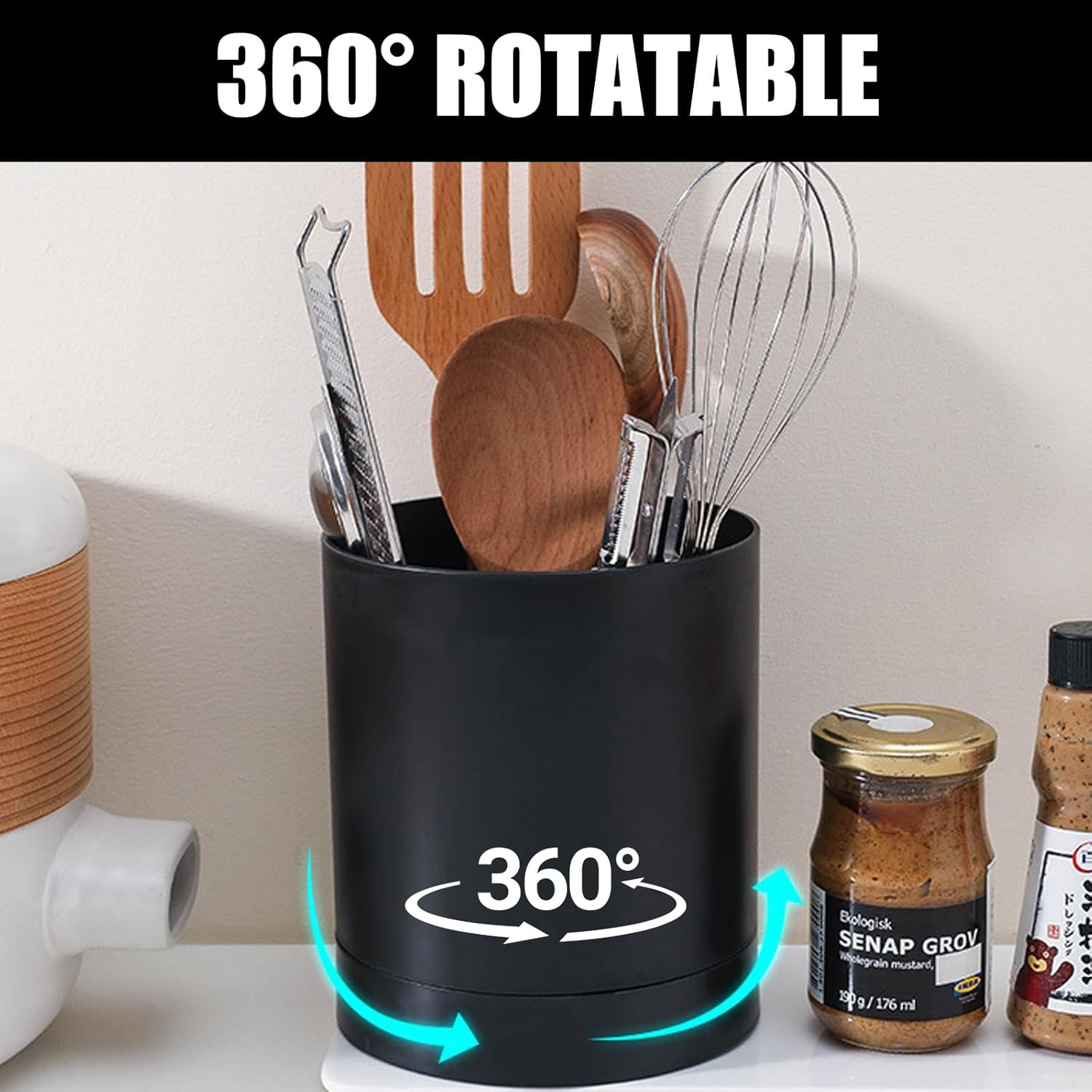 AXVRAV Kitchen Utensil Holder, 360&deg; Rotating Utensil Holder, Non-Slip Waterproof Space Saving Cutlery Basket and Cooking Spoon Holder Organiser for 10-15 Kitchen Utensils on the Worktop