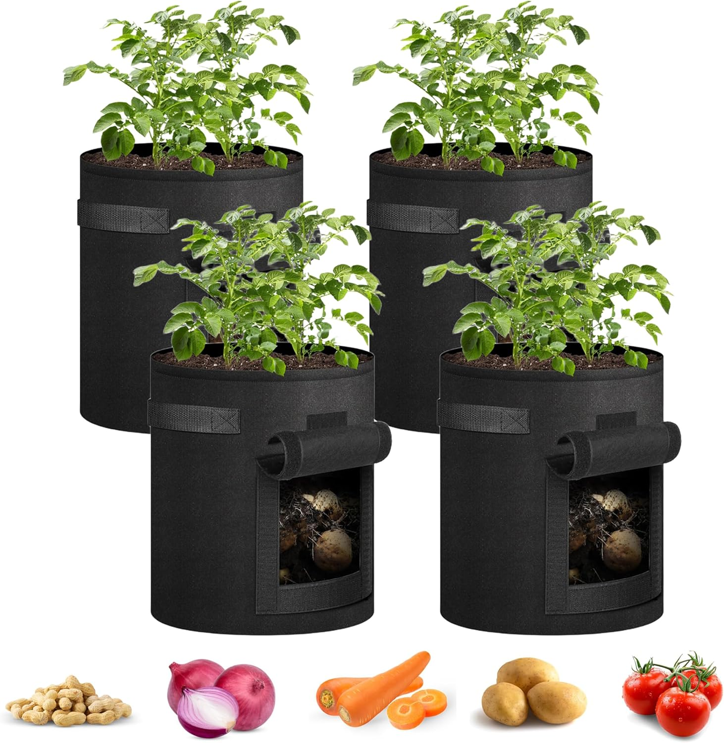 4Pcs Potato Planting Bag with Gusset, Garden Planting Bag with Handle and Harvest Window, Thickened Non-Woven Container for Potatoes, Tomatoes, Carrots, Vegetables, and Fruits