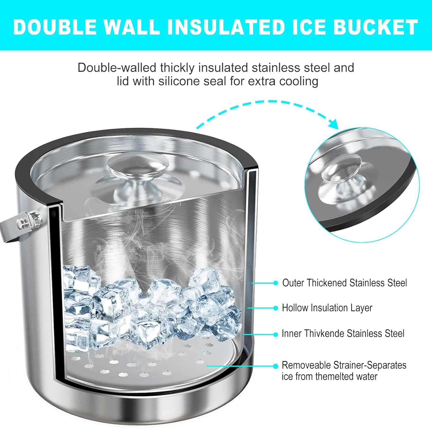 Ice Cube Bucket,Stainless Steel Ice Bucket,Bar Accessories Ice Bucket,Double Walled Stainless Steel Ice Bucket,Good Sealing Insulated Ice Bucket for Cocktail Bar Parties (2.0L) image number 3