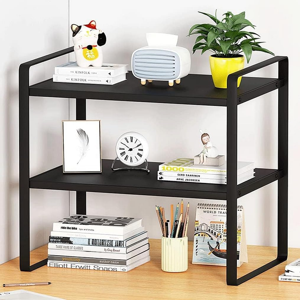 Iron+Wood Student Desktop Clutter Storage Bookshelf, Office Computer Desk Deskt File Organizer Rack 2-Tier Cabinets Shelf (Black, 2-Tier), 014-8 image number 3