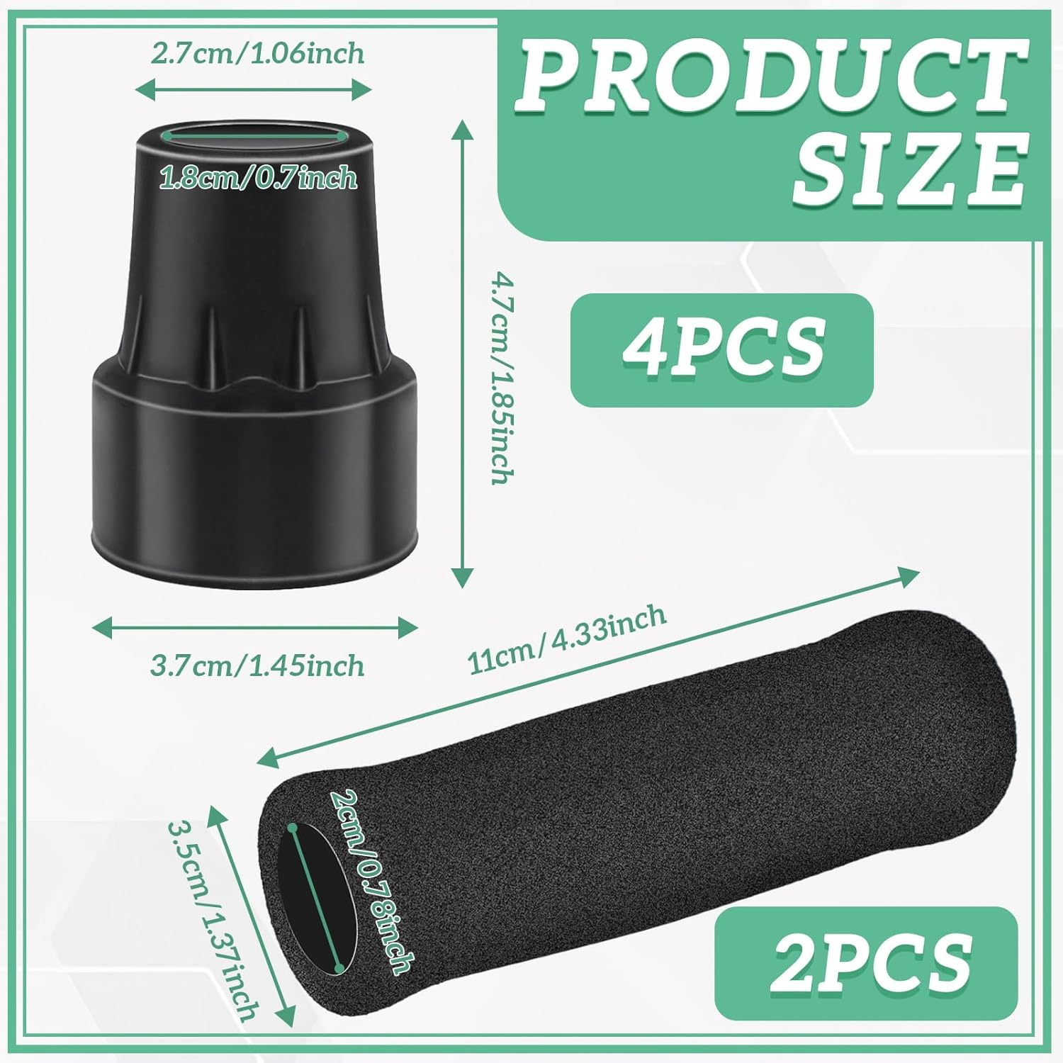 4 Pcs Replacement Cane Tips for 0.7 Inch Walker Rubber Tips Replacement 2 Pcs Foam Handle Grips 4.3X0.8 Inches Replacement Cane Tips Set for Canes, Walker Accessories image number 1