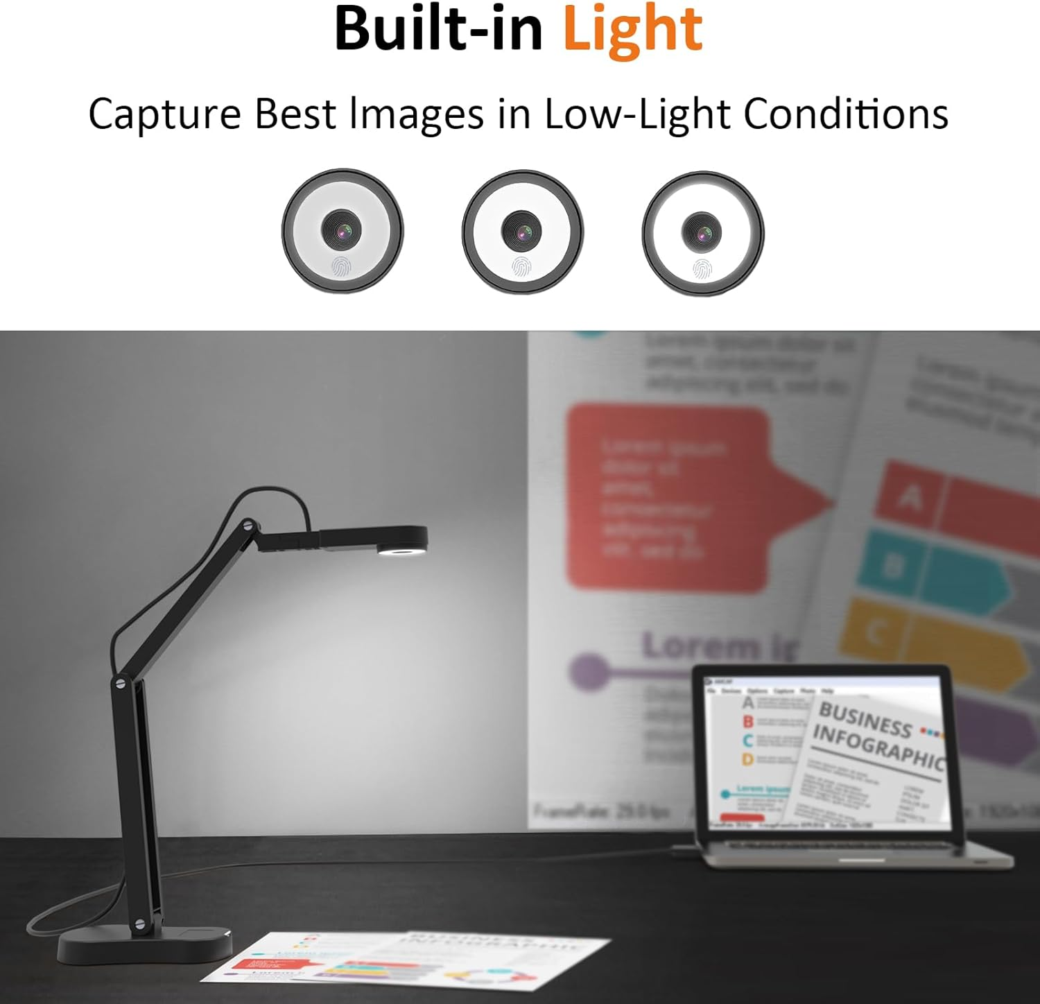 Gawervan 8MP USB Document Camera, Visualiser Classroom for Teaching with 3-Level LED Light, Image Invert Function, Fold, Dual Microphones for Mac OS, Windows, Chromebooks Work for Distance Learning - Black image number 4