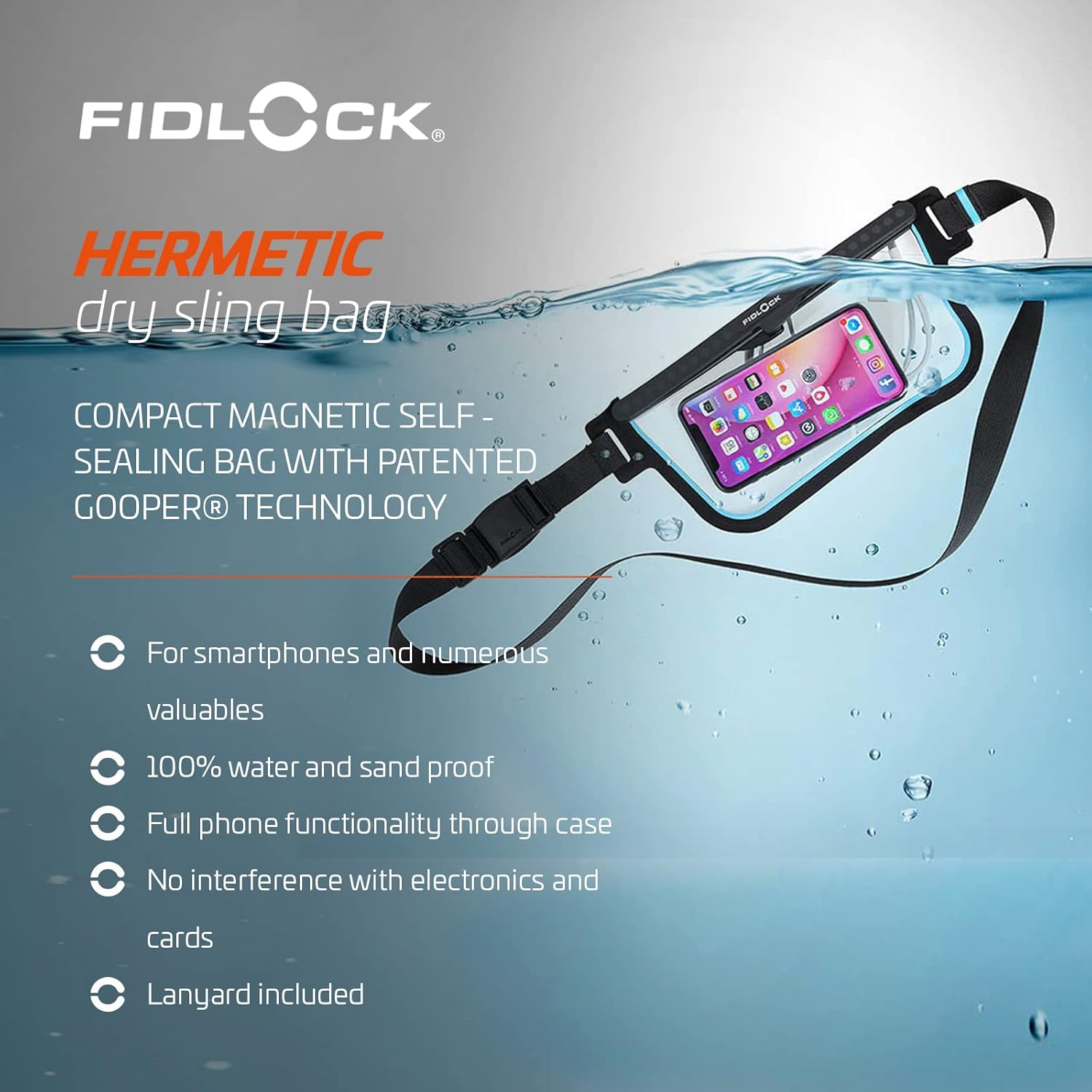 FIDLOCK Hermetic Sling Phone Dry Bag - Waterproof Pouch for Cellphone with Magnetic Self-Sealing Closure - Full Touch Functionality through the Case, Transparent Blue - Black image number 5