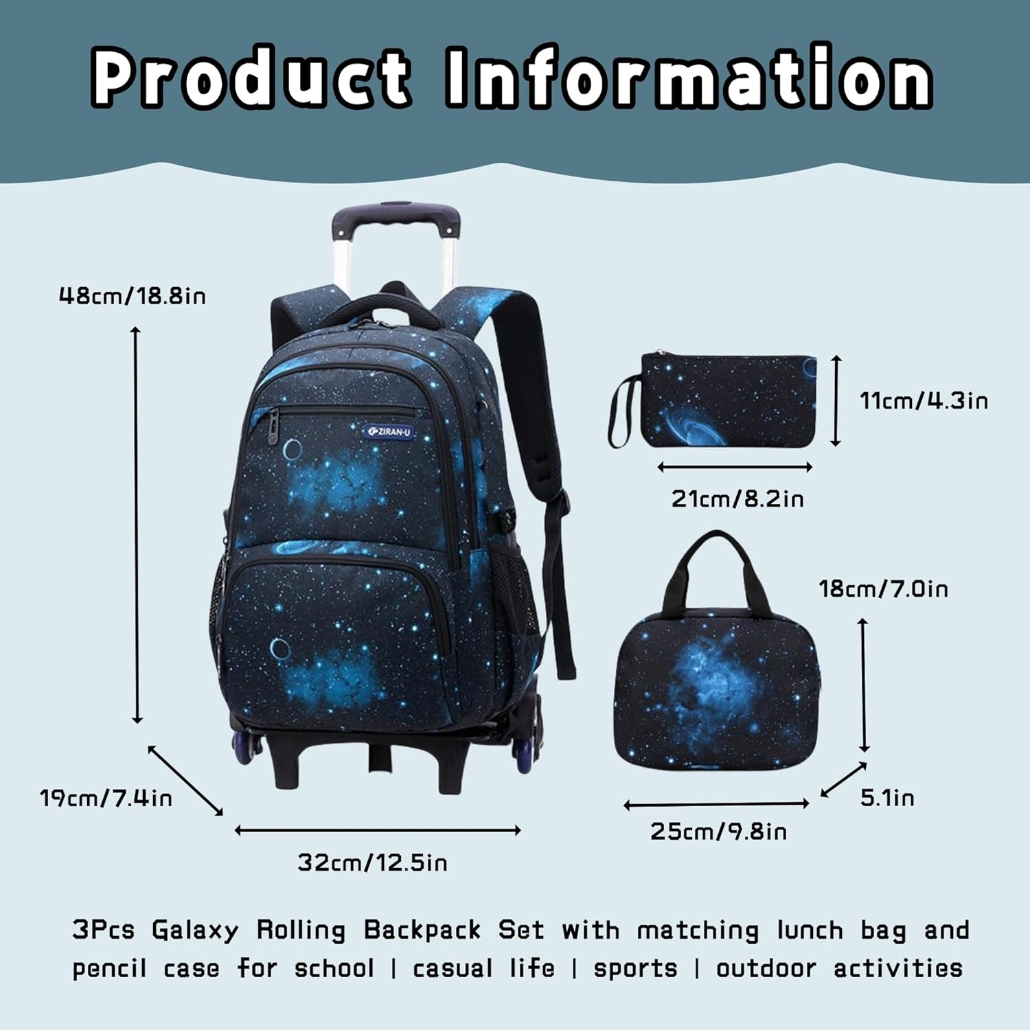 Galaxy Print Rolling Kids Backpack for Boys School Bag Elementary Bookbag with Wheels, 3Pcs-Style B-Galaxy-Black Blue, 3Pcs Rolling Backpack Set, Daypack Backpacks image number 5