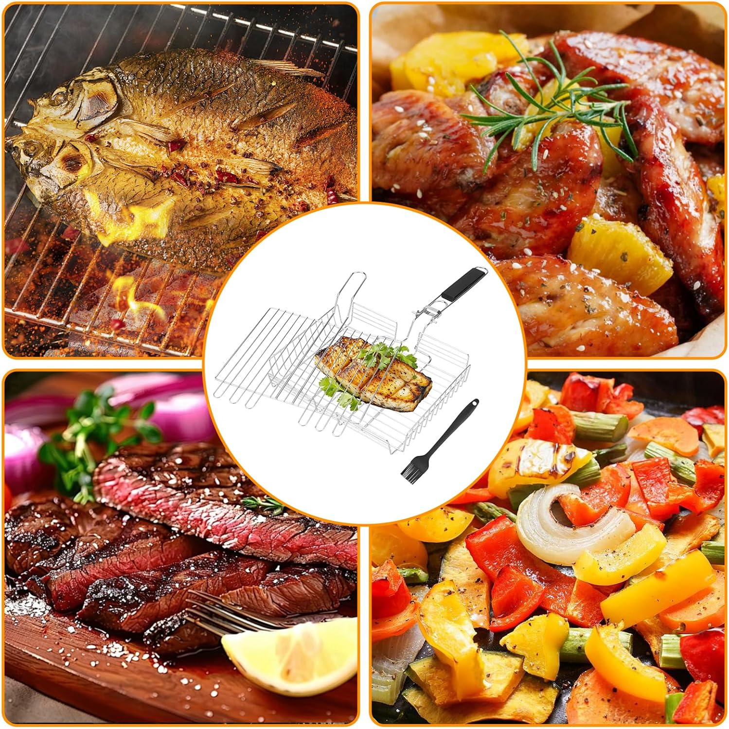 Fish & Vegetable Grill Basket,Portable Stainless Steel BBQ Grill Basket,Folding Outdoor Camping BBQ Rack for Fish, Shrimp, Vegetables, Barbeque Griller Cooking Accessories (Adjustable Black) image number 4