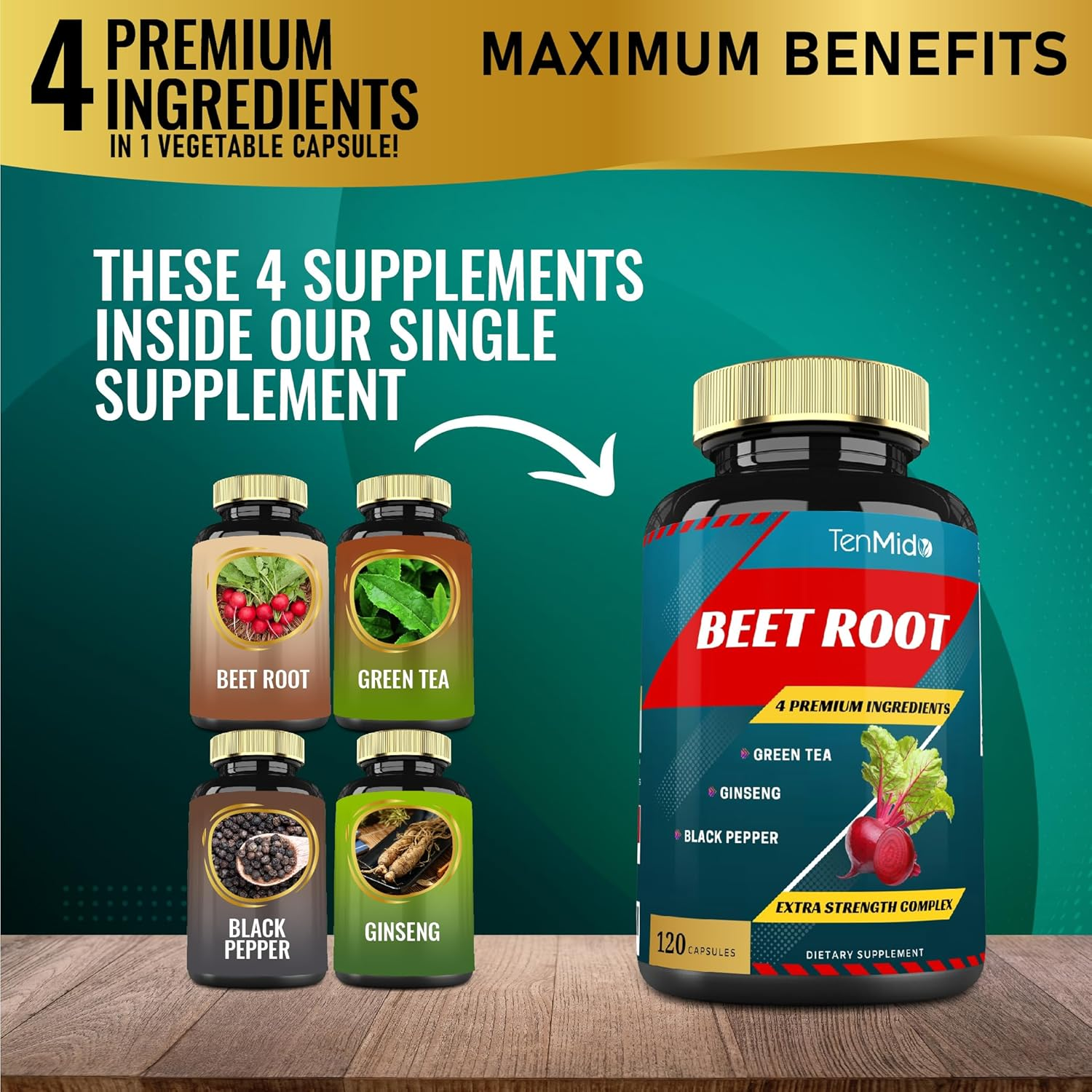 Beet Root Extract Capsules, 4 Months Supply & Green Tea, Ginseng, Black Pepper | Increased Energy, Athletic Performance Supports, Boosts Stamina | Nutritional Workout Supplements image number 1