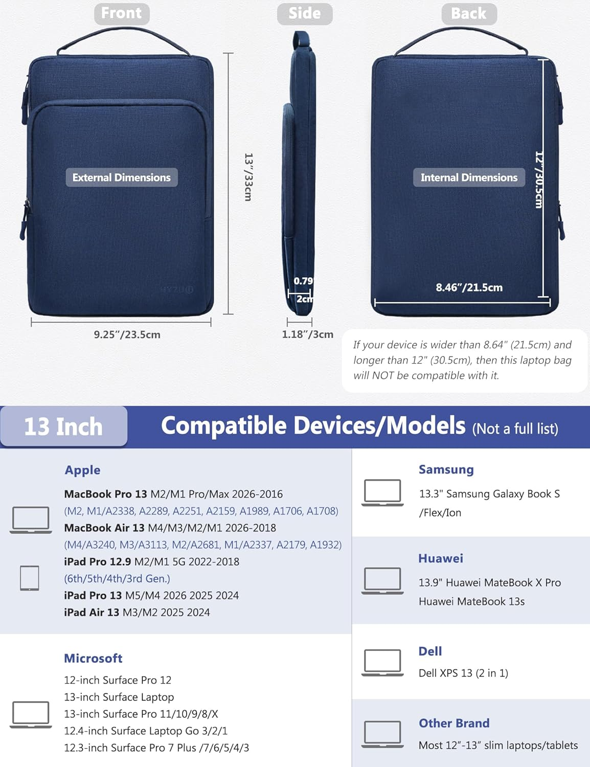 HYZUO 13 Inch Laptop Bag Sleeve for Macbook Air 13 M4 M3 M2 M1 2025-2018, Macbook Pro 13 M2 M1 2025-2016, 13" Ipad Pro/Air, Surface Pro, XPS 13, Protective Case for 12"-13" Tablet, Navy Blue image number 1