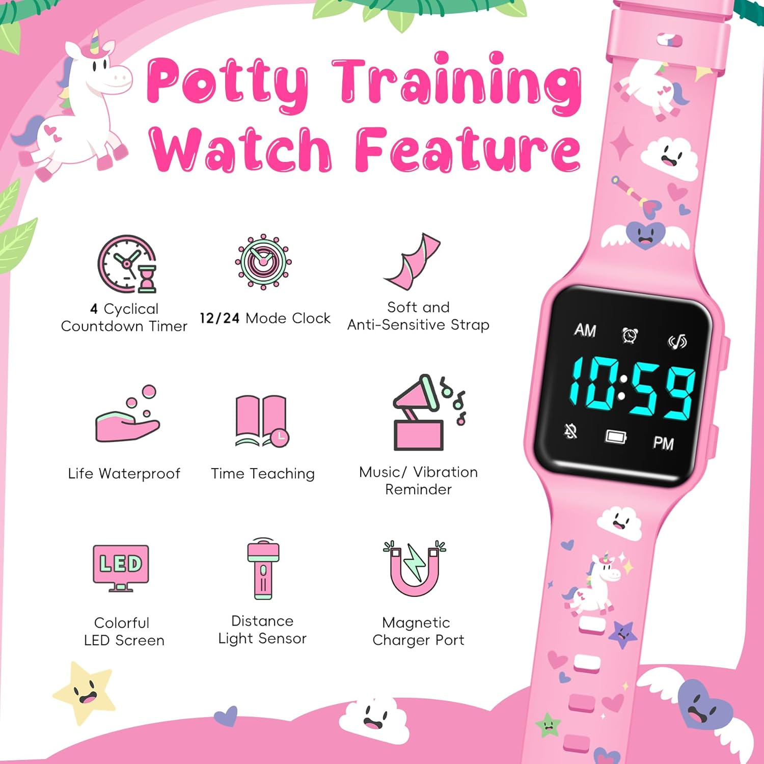 Potty Training Watch for Toddler with Countdown, Alarms, Music or Vibration Alerts - Waterproof Toddler Toilet Trainer for Boys & Girls Ages 2-9, 2-Rose-Unicorn, Digital image number 4