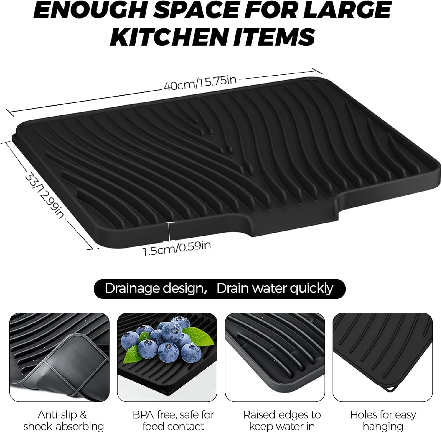 Silicone Dish Drying Mat for Kitchen Counter, Dish Drying Pad, Non-Slip Drain Pad with Built-In Drain, Heat Resistant Stone Drying Mat (Black, 15.8" X 13") image number 5